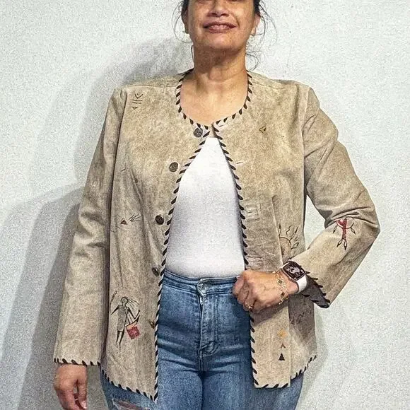Chico's Tan Genuine Suede Leather Vintage Native Tribal Jacket Sz 2 - Picture 8 of 15
